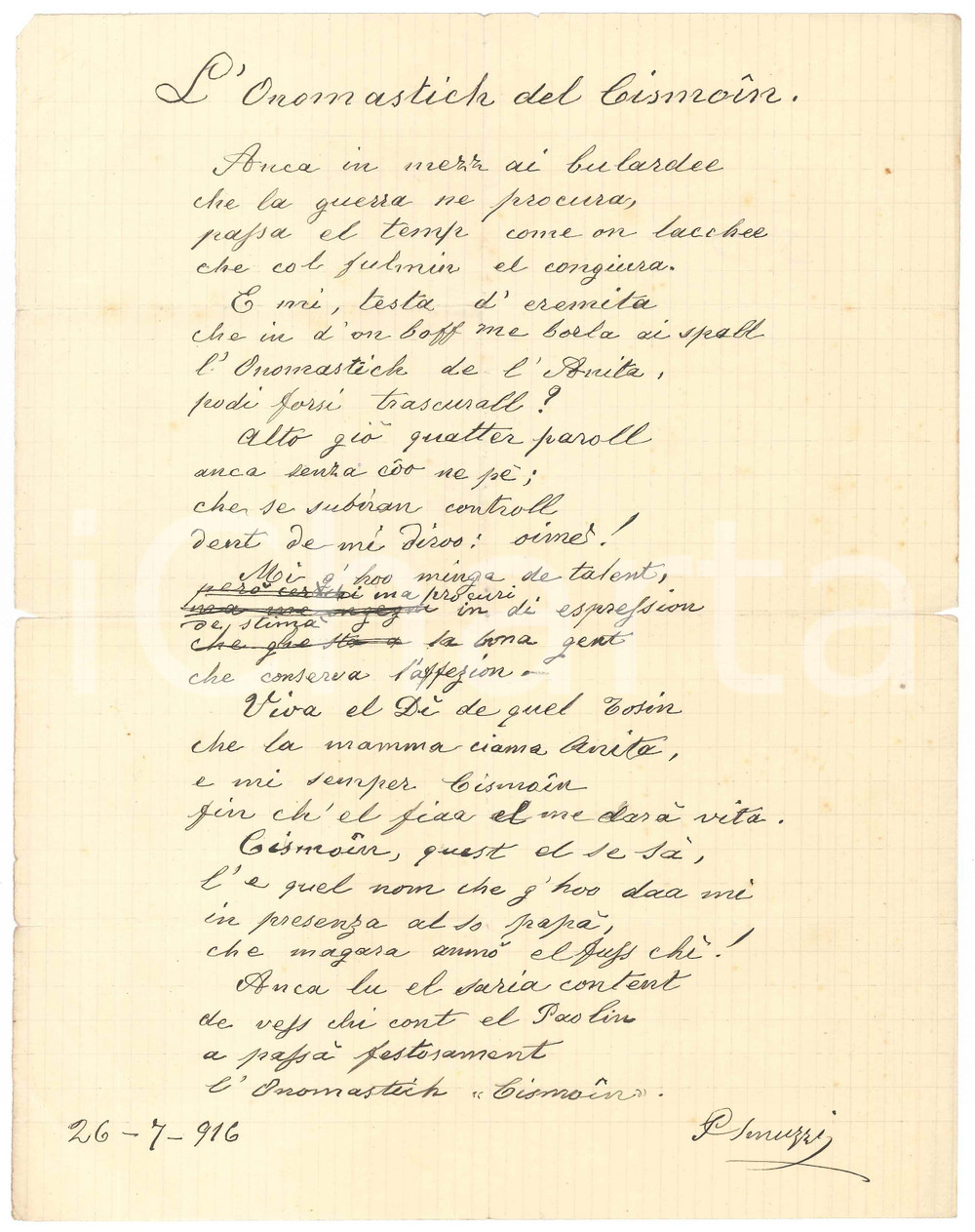 Manoscritto, lettera originale 1916 MILANO Paolo SMUZZI  L onomastich del Cismoin  Lirica dialettale 1