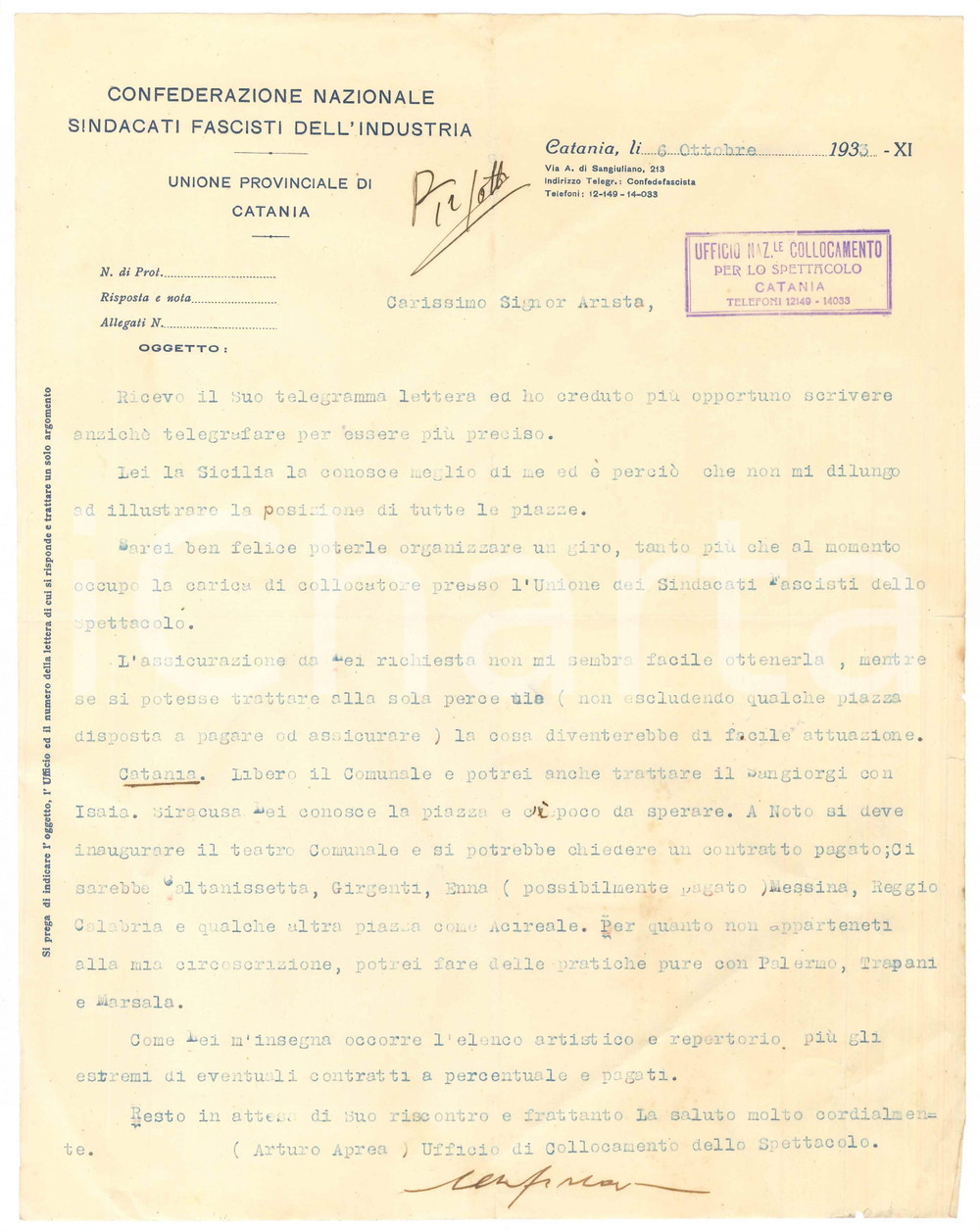 1933 CATANIA TEATRO Lettera Arturo APREA per tournée Compagnia della Quercia