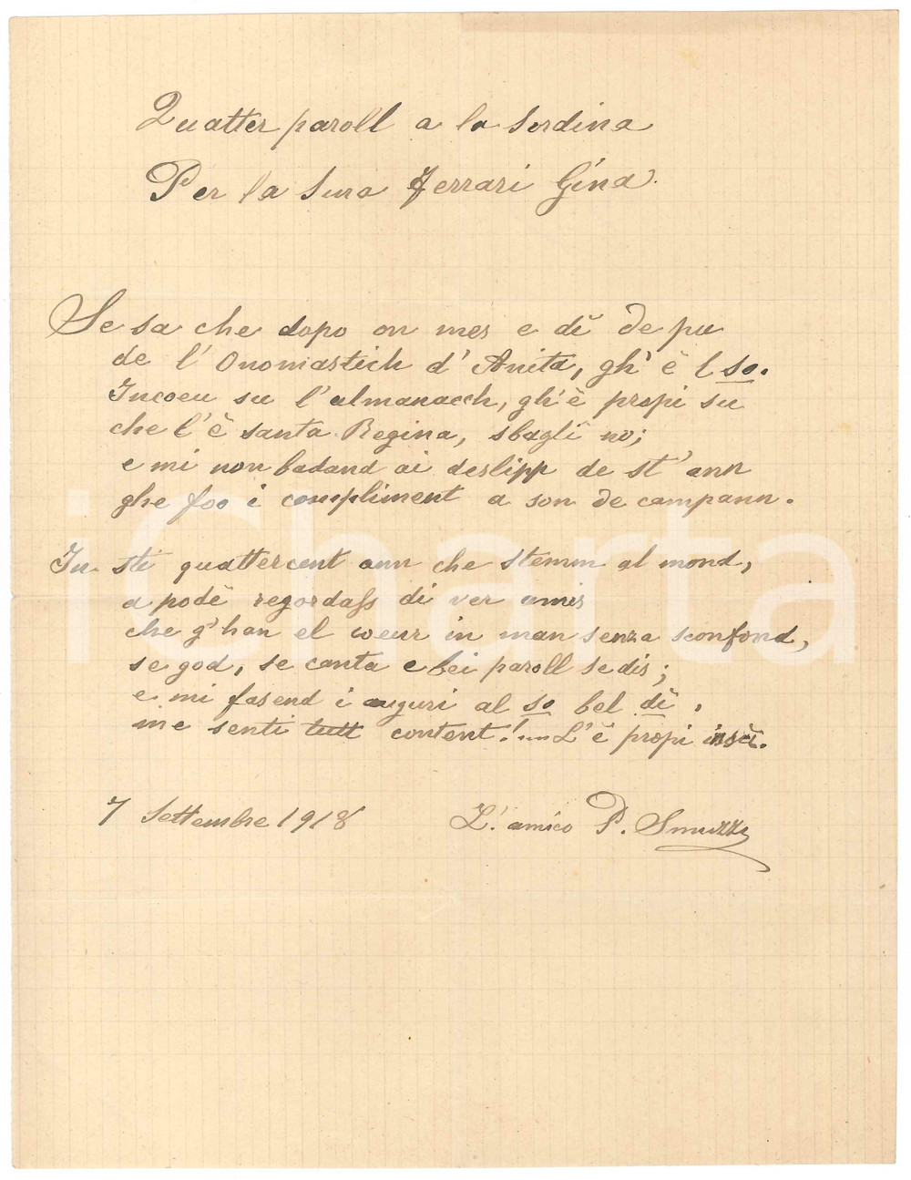 Manoscritto, lettera originale 1918 MILANO Paolo SMUZZI Quatter paroll per sura FERRARI Gina Lirica dialetto 1