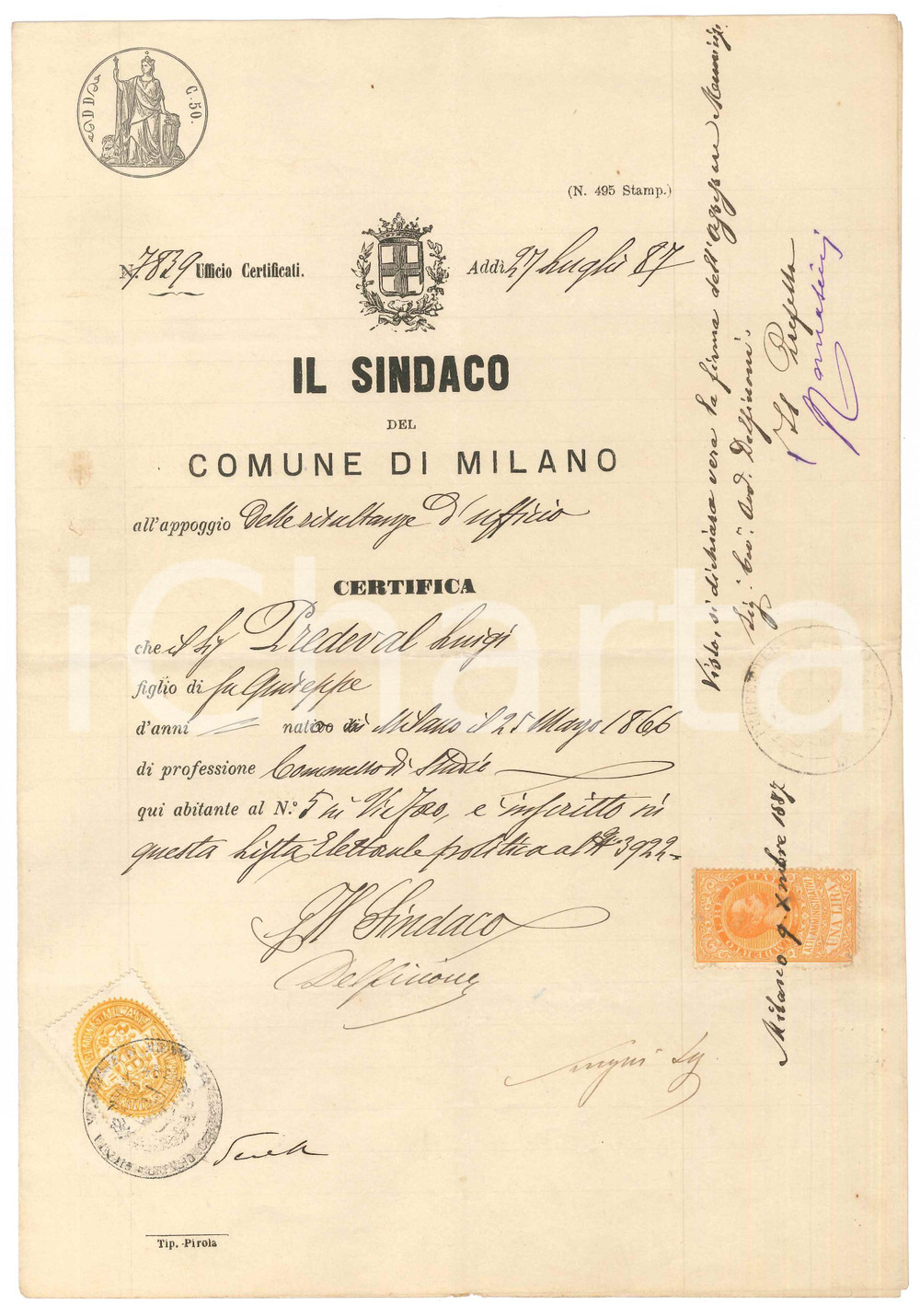 Documento originale, autentico 1887 MILANO Certificato Luigi PREDEVAL commesso  Iscrizione liste elettorali 1