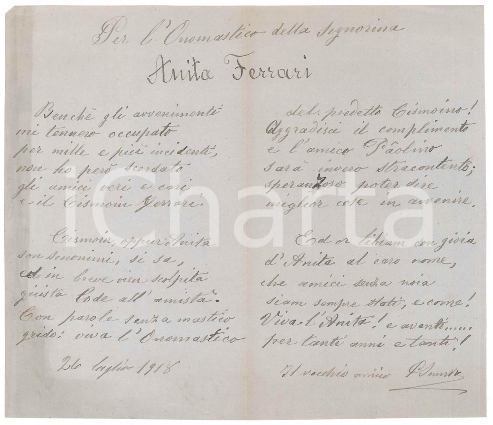 Manoscritto, lettera originale 1918 MILANO Paolo SMUZZI Per l onomastico della signorina Anita FERRARI Lirica 1