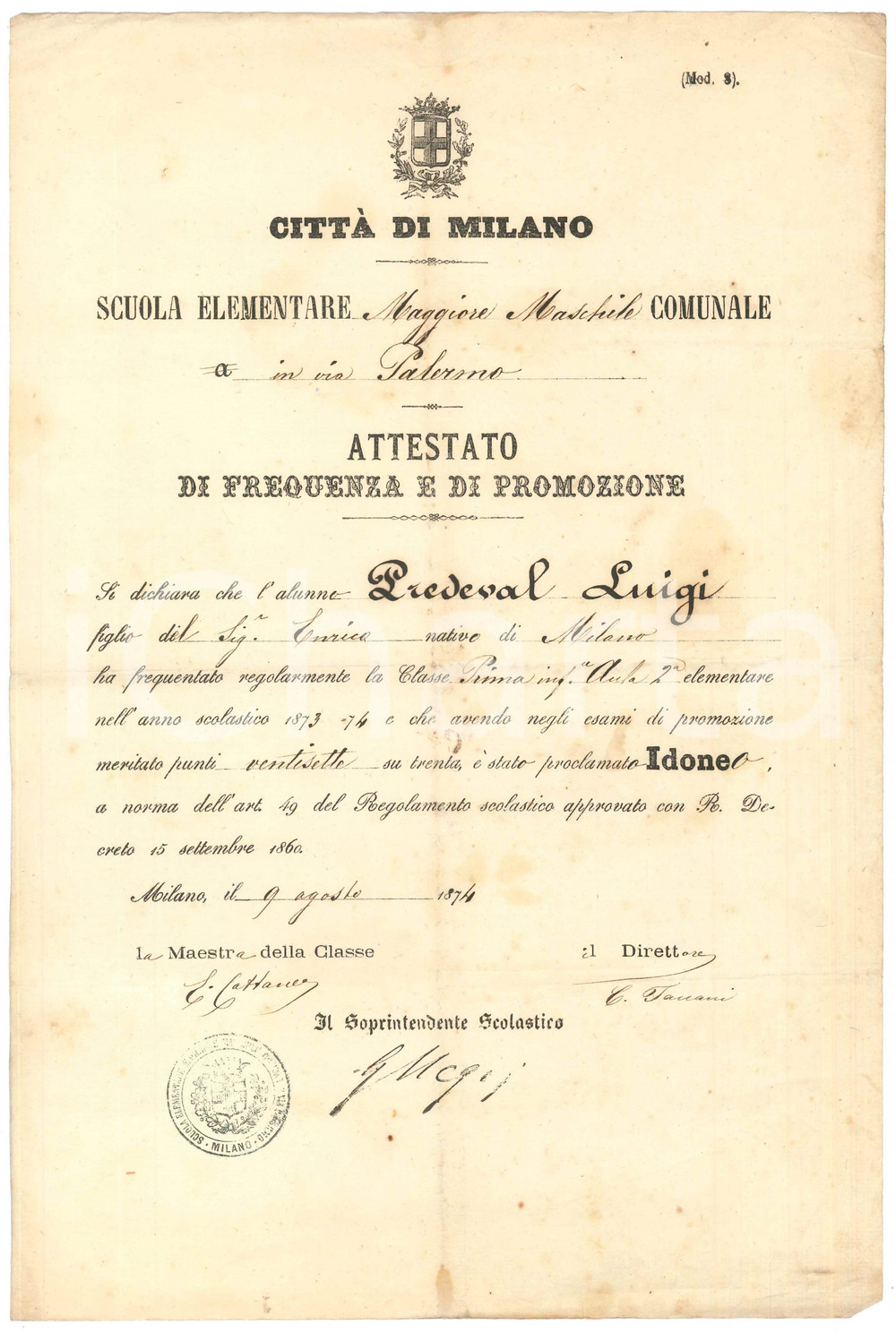 Documento originale, autentico 1874 MILANO Scuola Elementare via Palermo  Attestato promozione Luigi PREDEVAL 1
