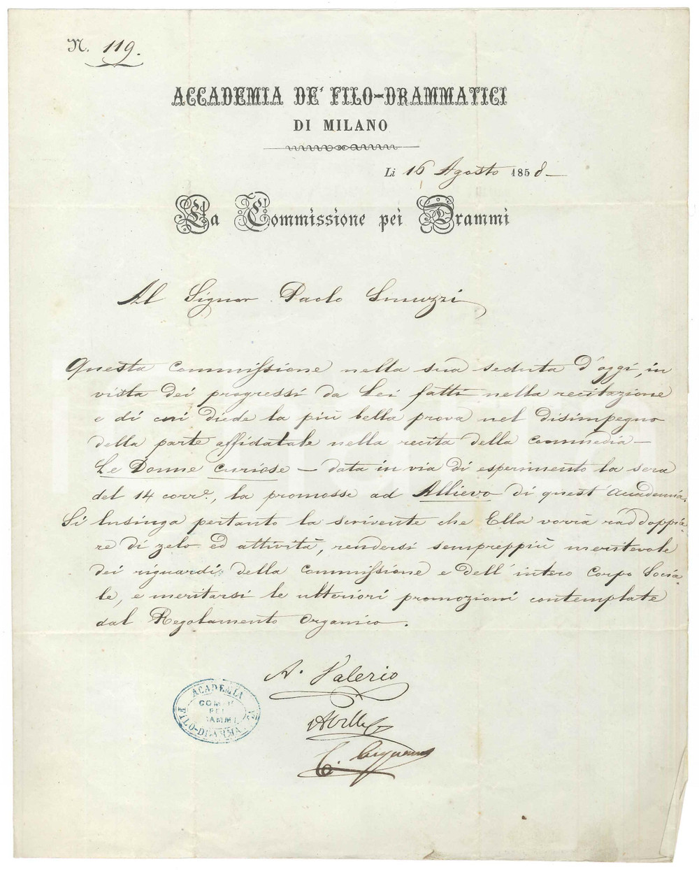 Documento originale, autentico 1858 MILANO Accademia Filodrammatici  Ammissione allievo Paolo SMUZZI 1
