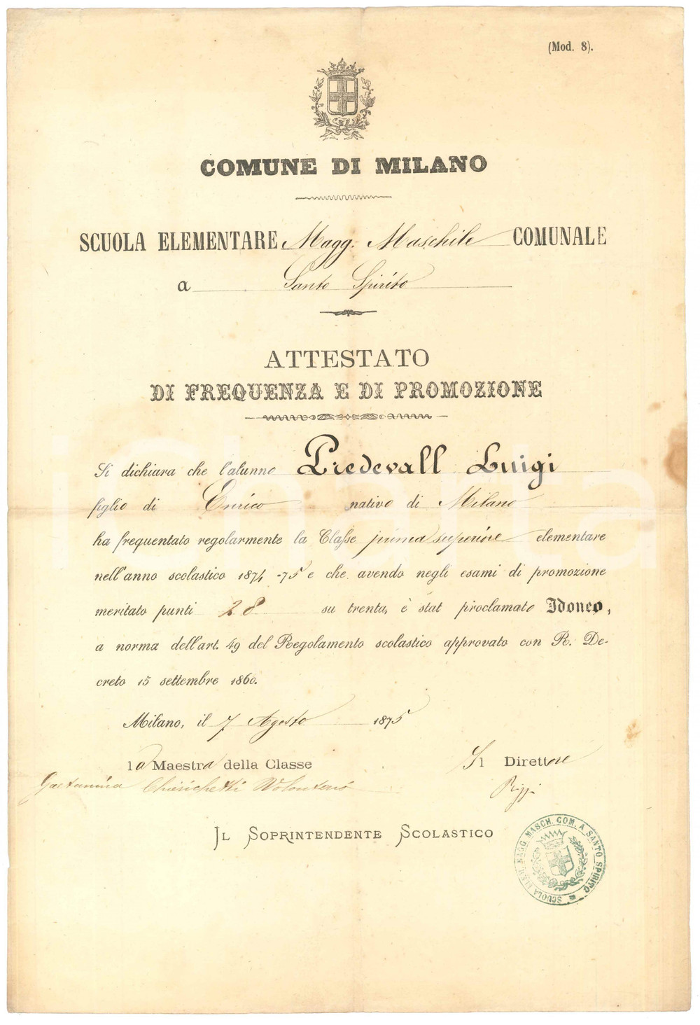 1875 MILANO Scuola Elementare SANTO SPIRITO *Attestato promozione Luigi PREDEVAL Certificato originale d'epoca, con inserti manoscritti.  FAIR/discreto piegature d'epoca; macchie Formato: 24x36 cm originale e autentica 1