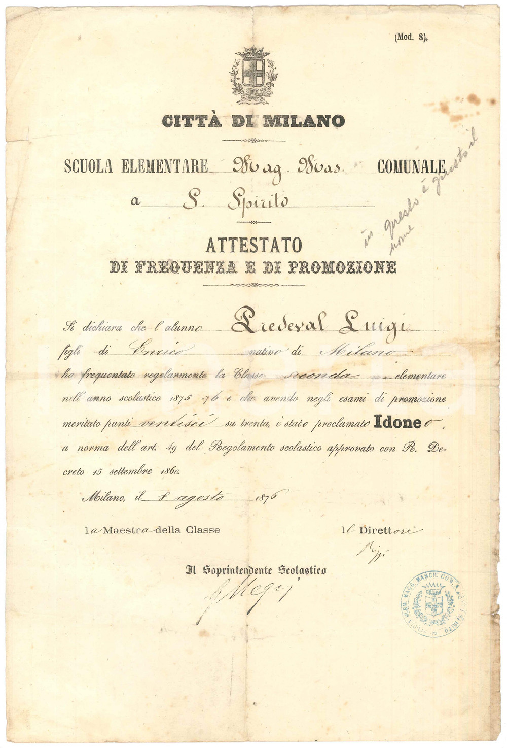 1876 MILANO Scuola Elementare SANTO SPIRITO *Attestato promozione Luigi PREDEVAL