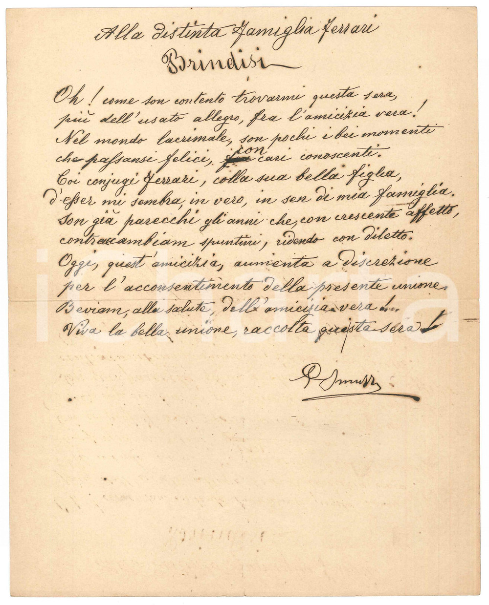 Manoscritto, lettera originale 1910 ca MILANO Paolo SMUZZI Alla distinta famiglia FERRARI  Brindisi Lirica 1