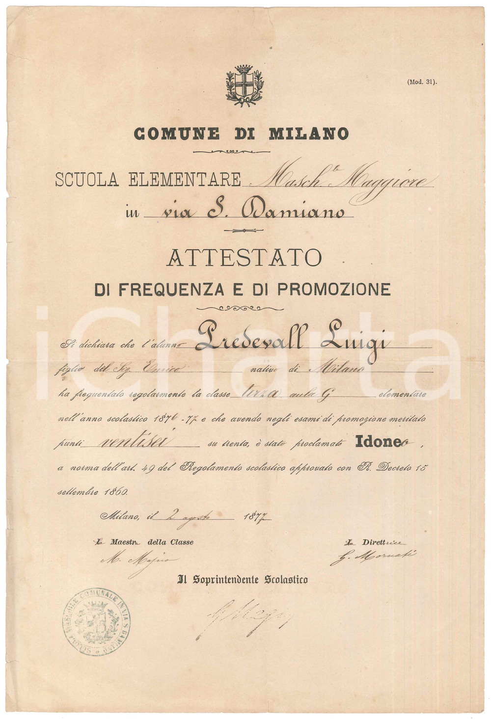Documento originale, autentico 1877 MILANO Scuola Elementare via S. Damiano  Attestato Luigi PREDEVAL 1