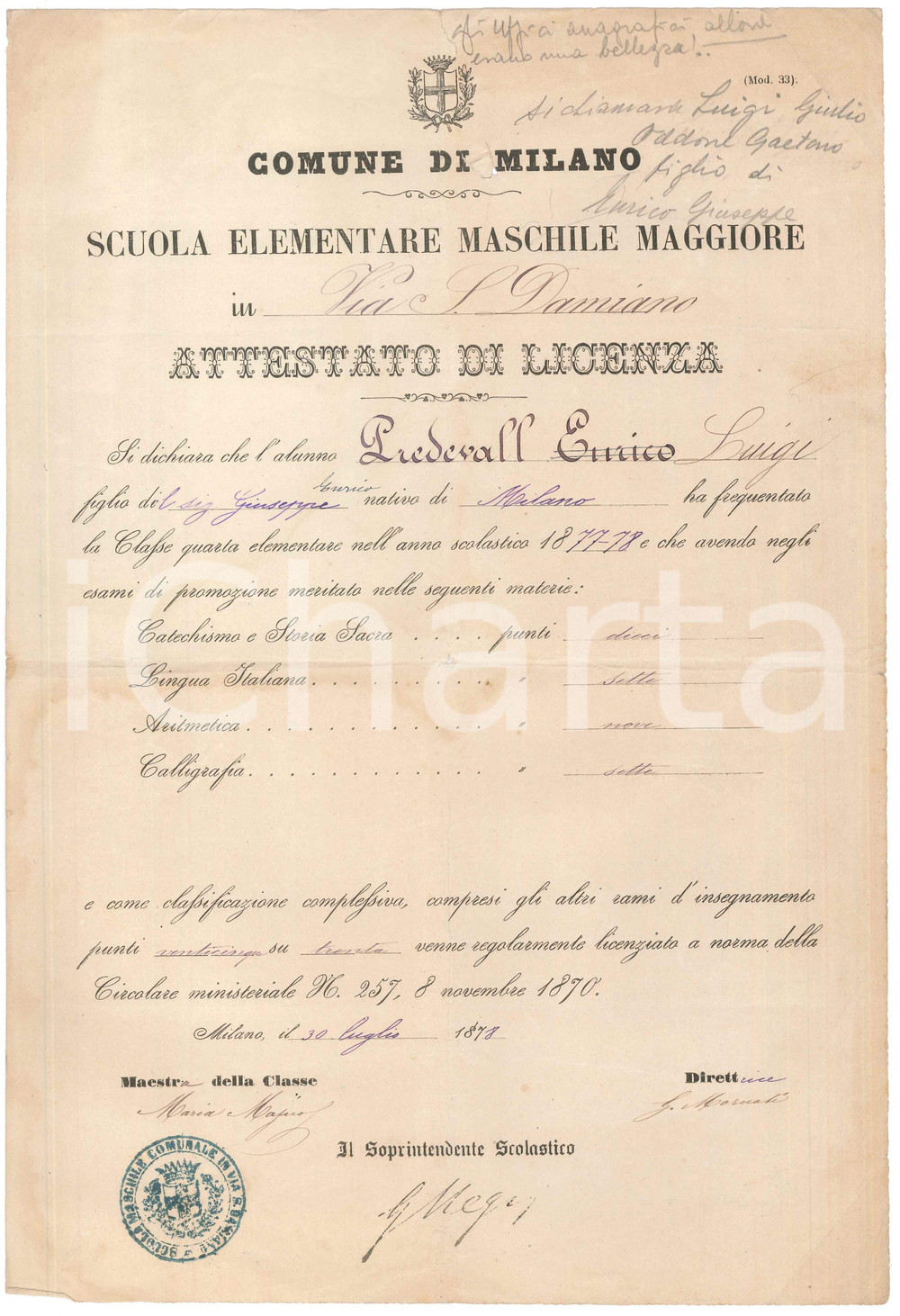 Documento originale, autentico 1878 MILANO Scuola Elementare via S. Damiano  Attestato Luigi PREDEVAL 1