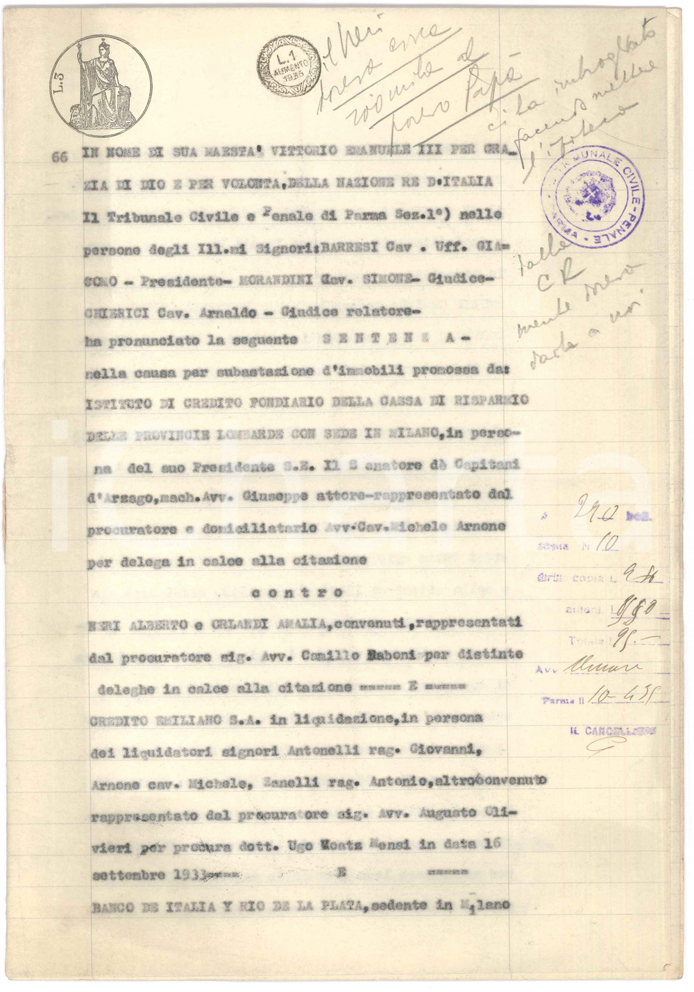 Documento originale, autentico 1935 MILANO Sentenza vendita all asta case e filanda a PARMA Borgo COCCONI 1