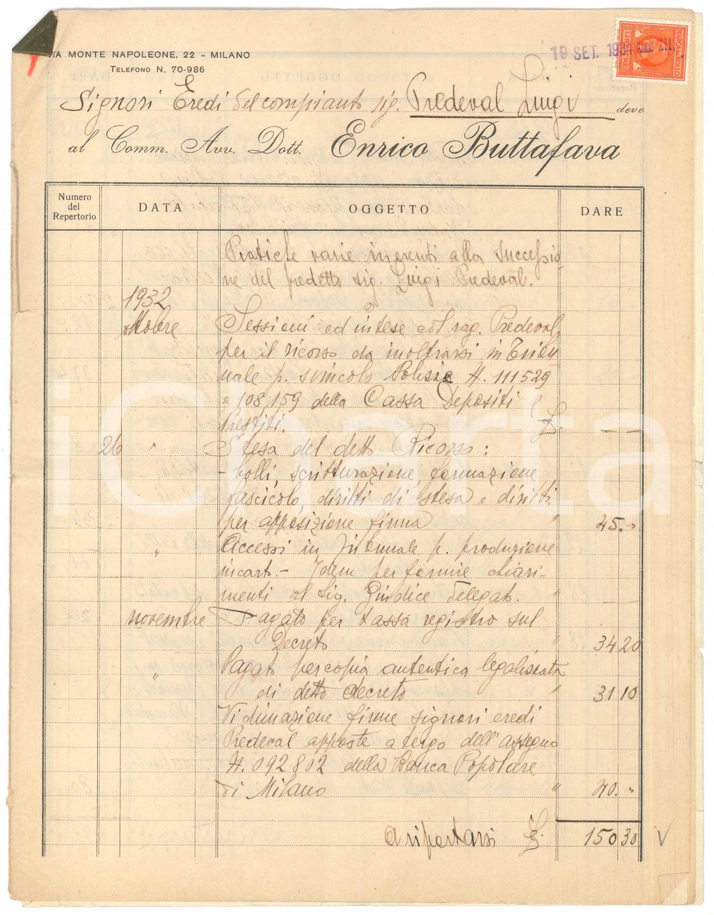 Documento originale, autentico 1934 MILANO Avv. Enrico BUTTAFAVA  Pratiche successione Luigi PREDEVAL 1