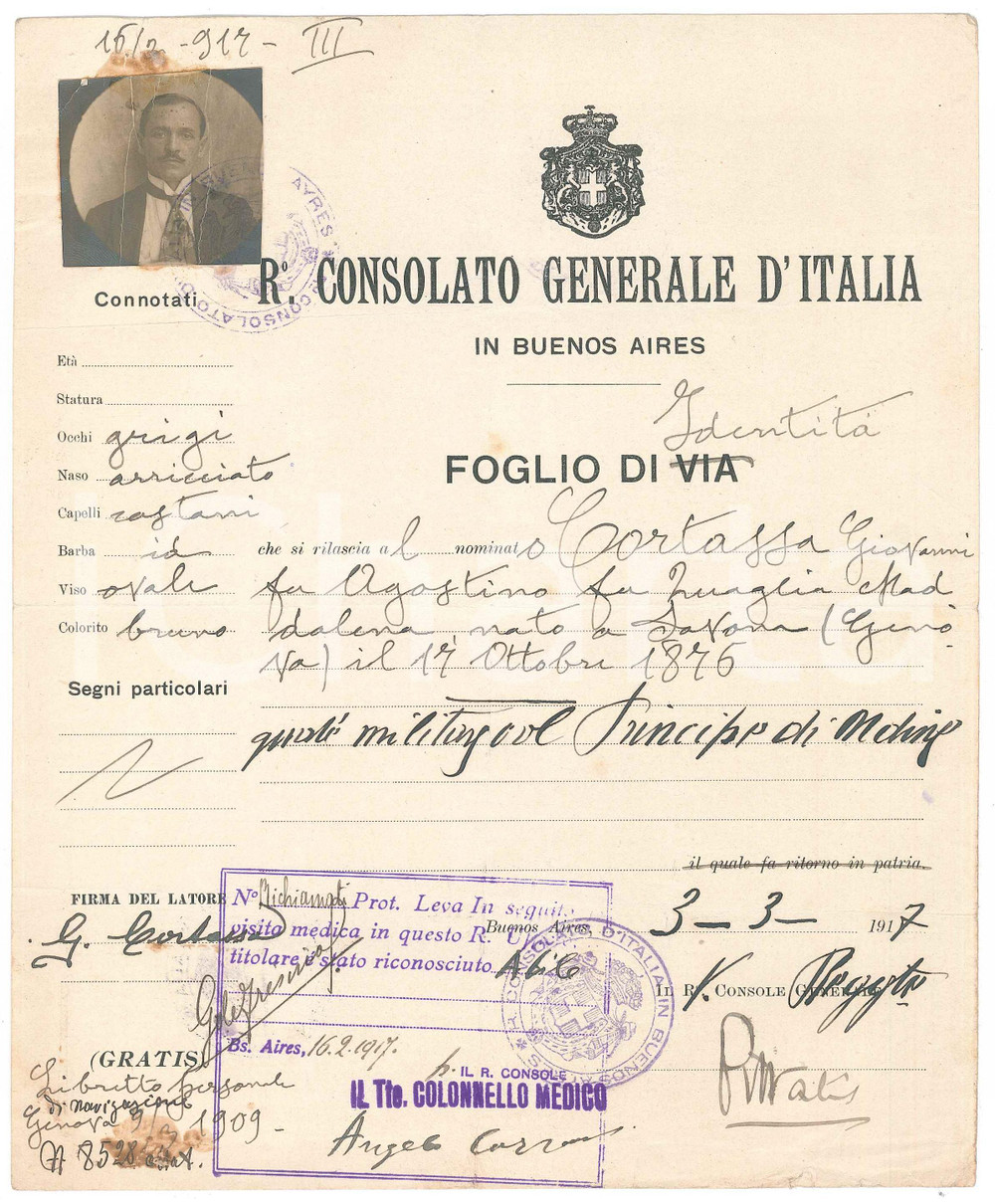 Documento originale, autentico 1917 BUENOS AIRES ARGENTINA Foglio di via  Giovanni CORTASSA Con foto 1
