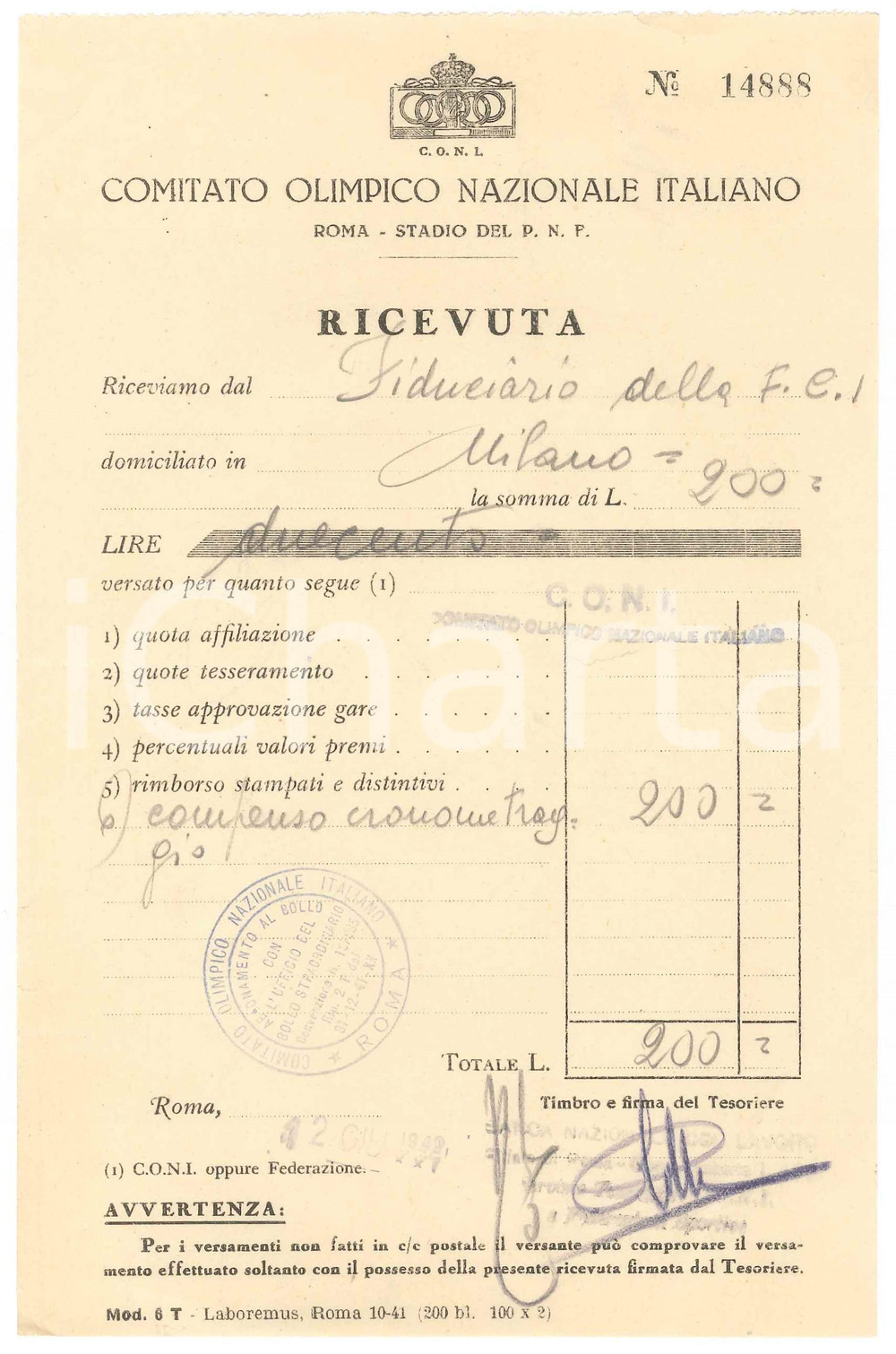 Documento originale, autentico 1942 ROMA CONI Ricevuta a fiduciario Federazione CICLISMO per cronometraggio 1