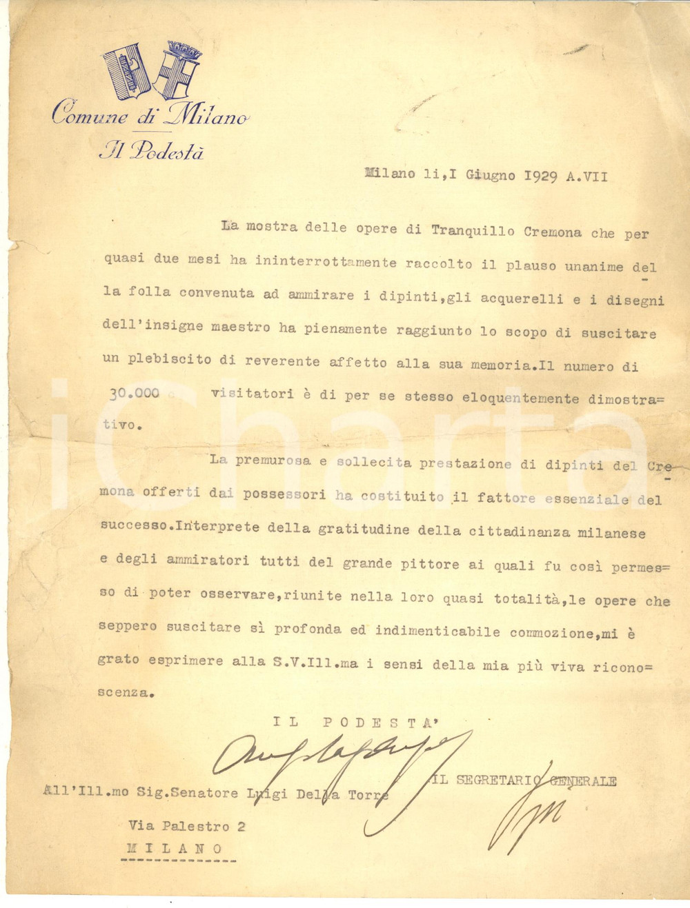Autografo originale 1929 MILANO Podestà Giuseppe DE CAPITANI D ARZAGO su mostra  Autografo 1