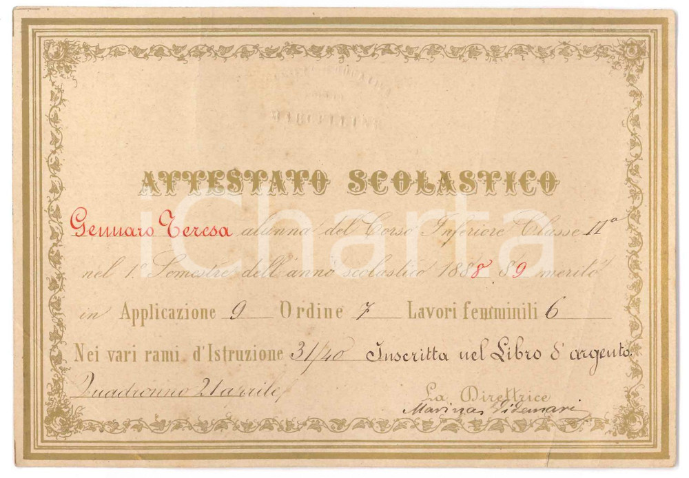 Fotografia d epoca originale 1889 QUADRONNO Istituto Marcelline  Attestato scolastico di Teresa GENNARO 1