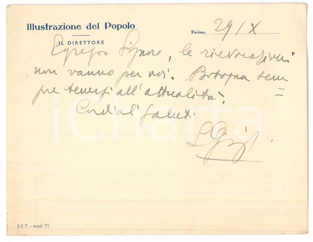 Autografo originale 1930 ca TORINO L illustrazione del Popolo  Biglietto Lorenzo GIGLI  AUTOGRAFO 1