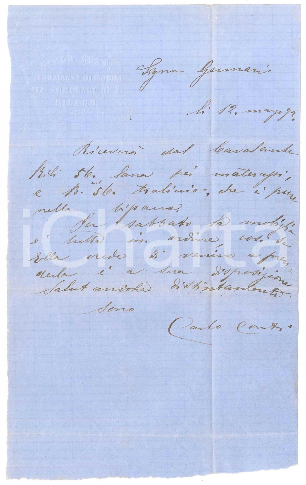 Manoscritto, lettera originale 1872 MILANO via Armorari 9  Carlo CONTI negoziante mobili invia lana materassi 1
