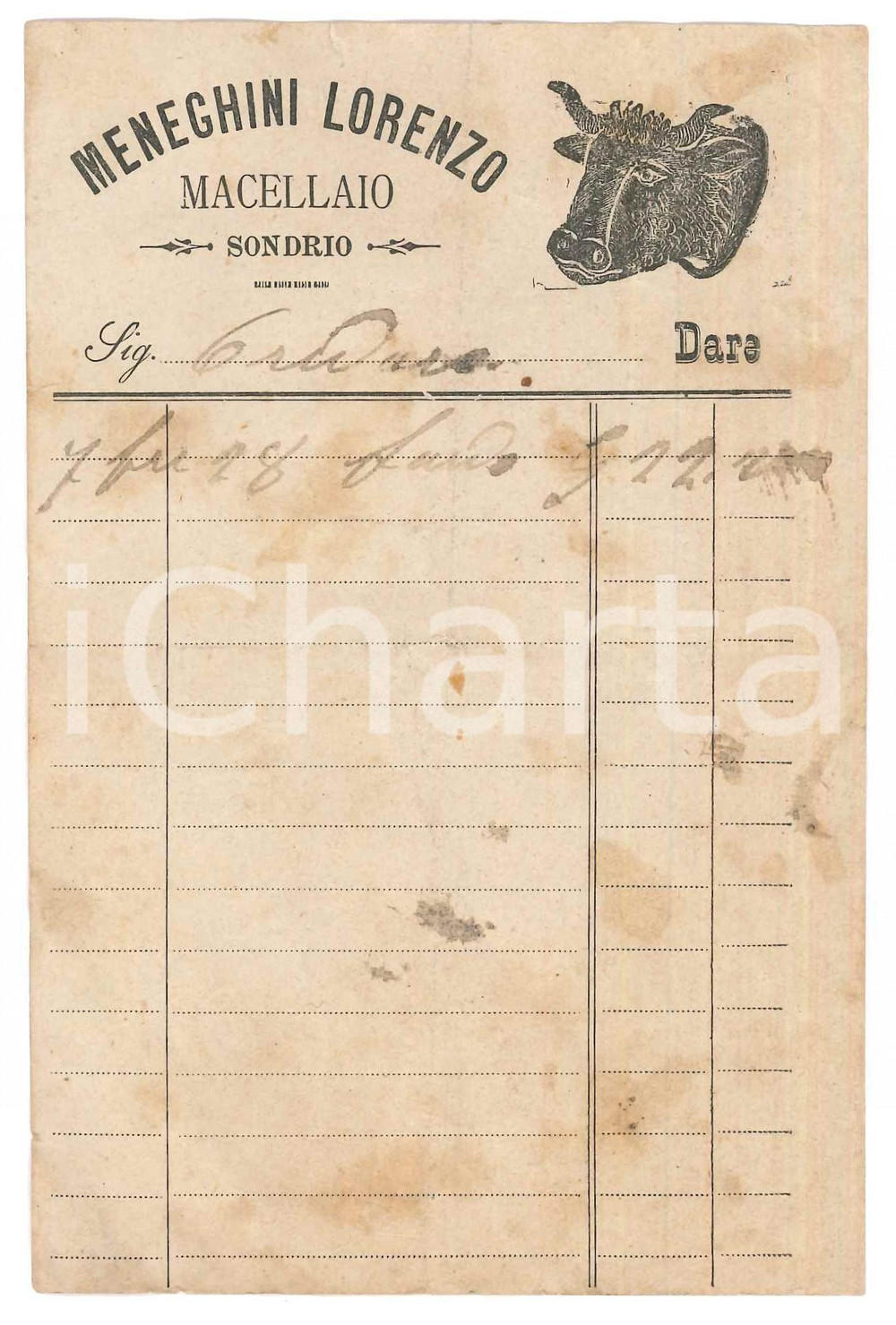 Oggetto da collezione cartaceo 1920 ca SONDRIO Macellaio Lorenzo MENEGHINI Ricevuta 10x15 cm 1