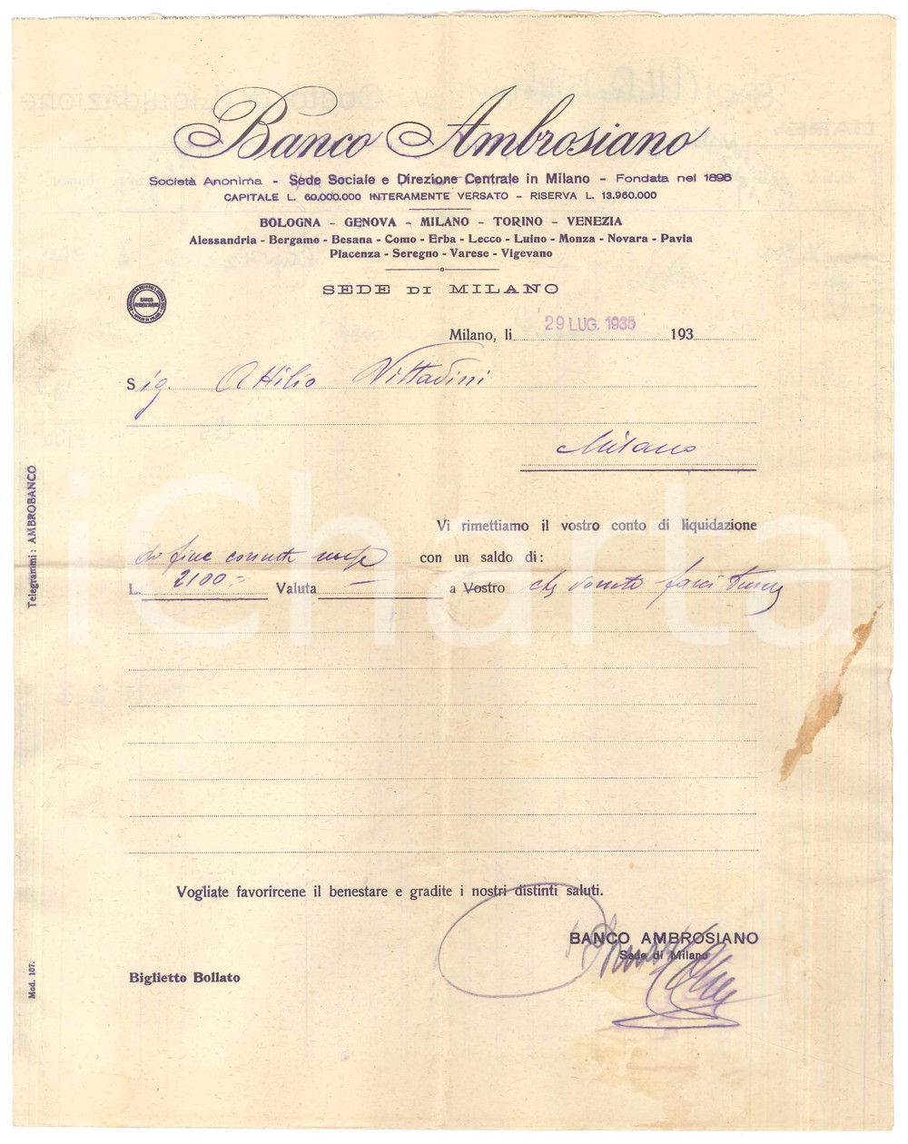 Documento originale, autentico 1935 MILANO Banco Ambrosiano  Lettera per conto di liquidazione 1