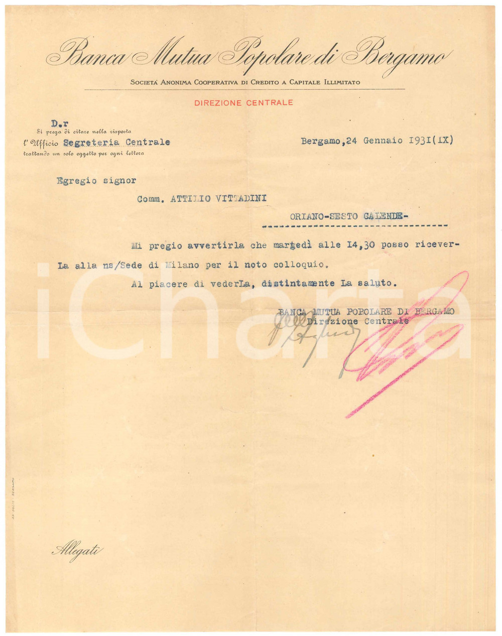 Documento originale, autentico 1931 Banca Mutua Popolare di BERGAMO  Lettera Direzione Centrale 1