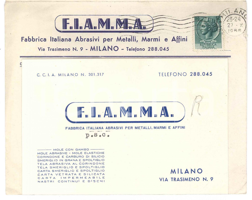 Oggetto da collezione cartaceo 1955 MILANO Via Trasimeno FIAMMA Abrasivi per metalli  Biglietto da visita 1