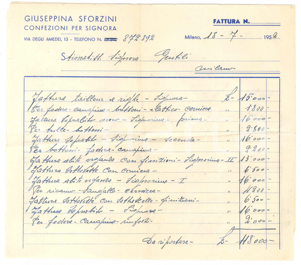 Documento originale, autentico 1952 MILANO Giuseppina SFORZINI Confezioni per signora  Fattura 21x19 cm 1