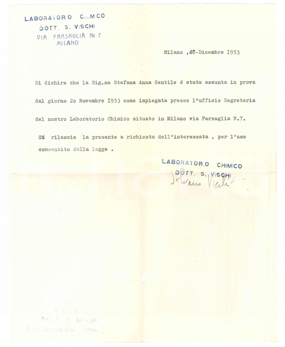 Autografo originale 1953 MILANO Laboratorio Chimico  Lettera dott. Silvio VISCHI AUTOGRAFO 1