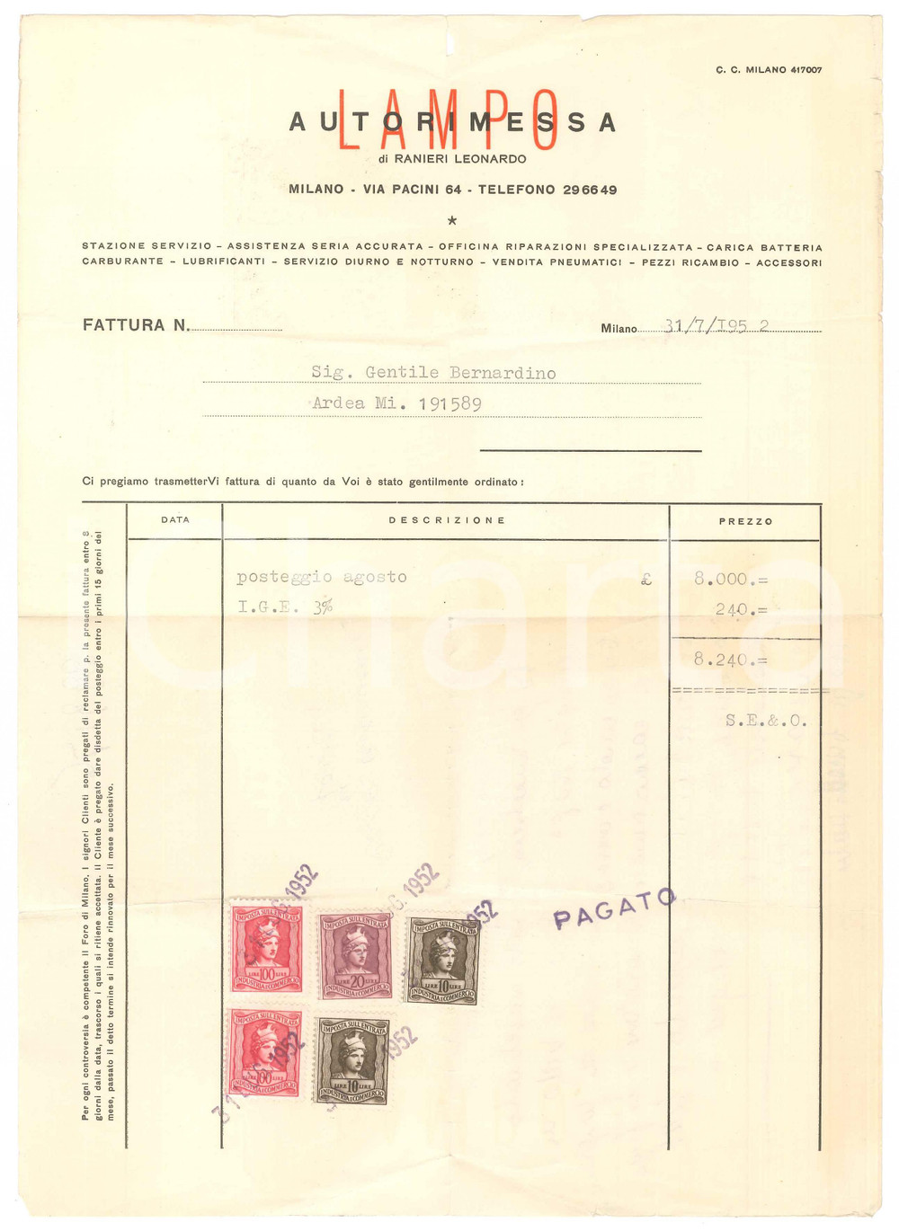 Documento originale, autentico 1952 MILANO Via Pacini 64  AUTORIMESSA LAMPO di Leonardo RANIERI Fattura  21x29 1