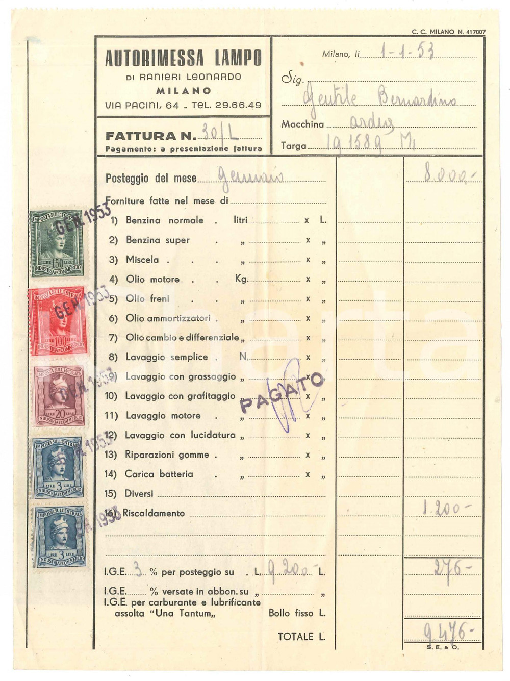 Documento originale, autentico 1953 MILANO Via Pacini 64  AUTORIMESSA LAMPO di Leonardo RANIERI Fattura 17x23 1