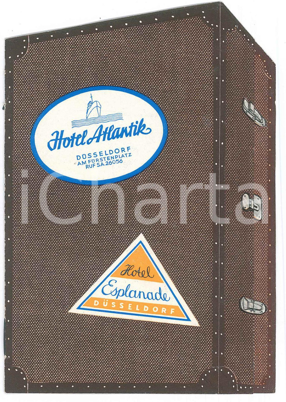 Materiale pubblicitario d’epoca 1955 ca DUSSELDORF Hotel Atlantik / Hotel Esplanade  Brochure ILLUSTRATA 10x16 1
