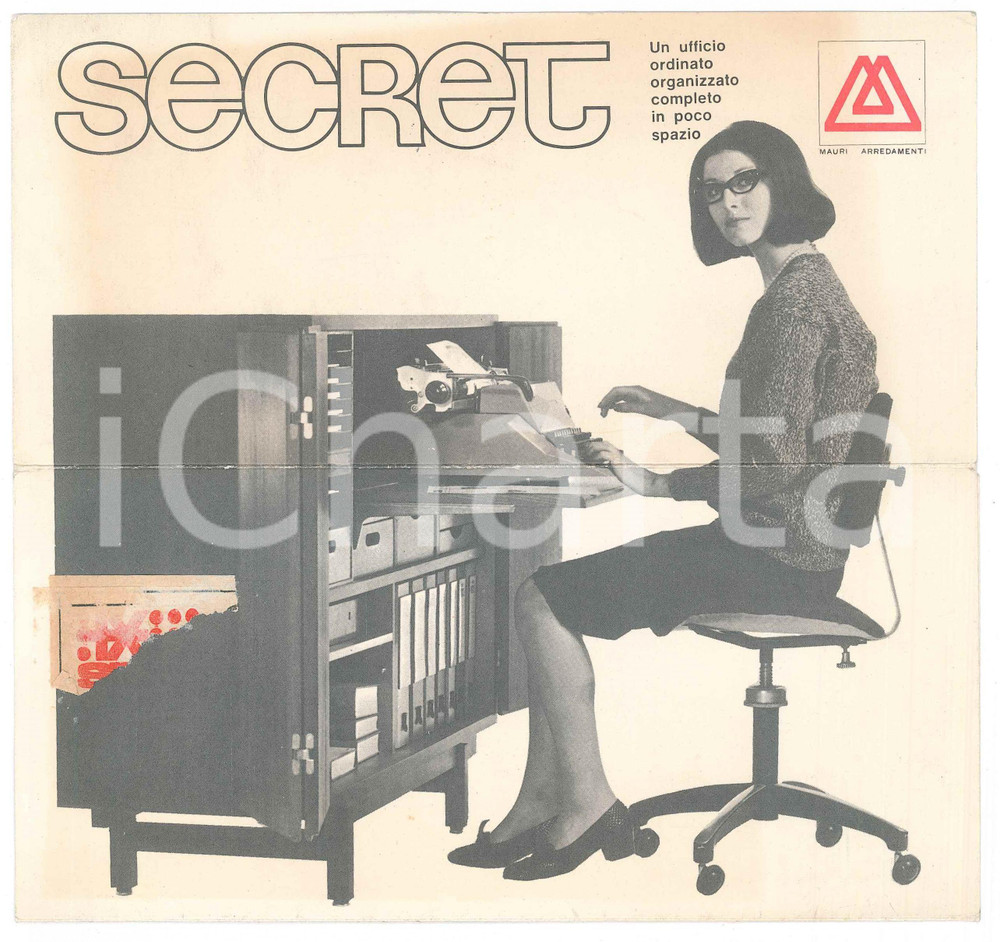 Materiale pubblicitario d’epoca 1966 MILANO MAURI ARREDAMENTI Mobile da ufficio SECRET Pieghevole pubblicitario 1