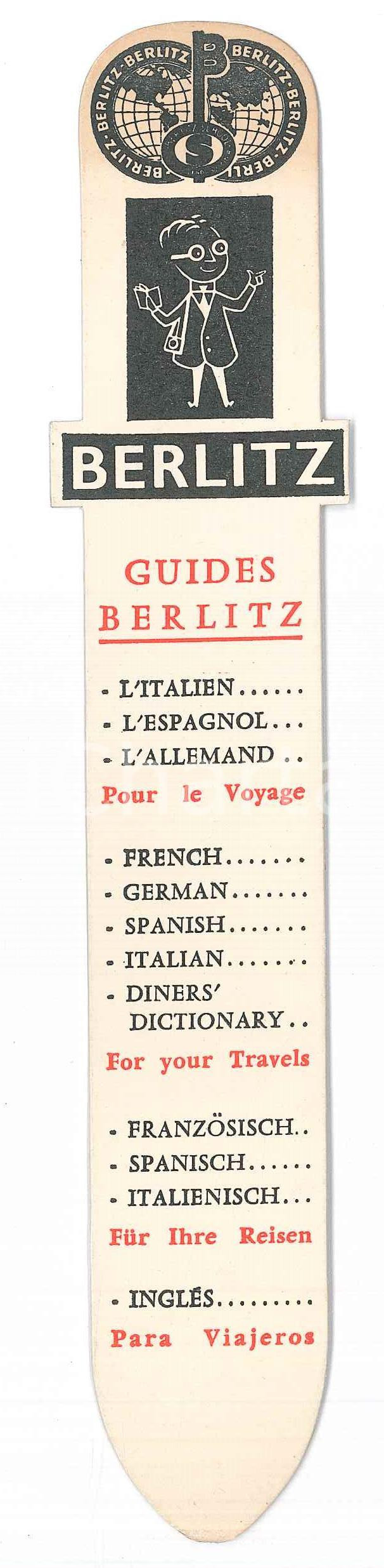 Materiale pubblicitario d’epoca 1955 ca BERLITZ Languages guides  Segnalibro pubblicitario 4x20 cm 1