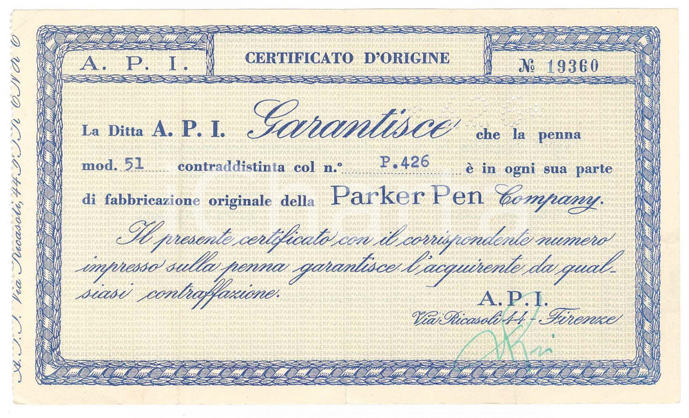 Oggetto da collezione cartaceo 1955 ca FIRENZE Ditta API Certificato d origine PARKER PEN 51 n. P.426  17x10 1