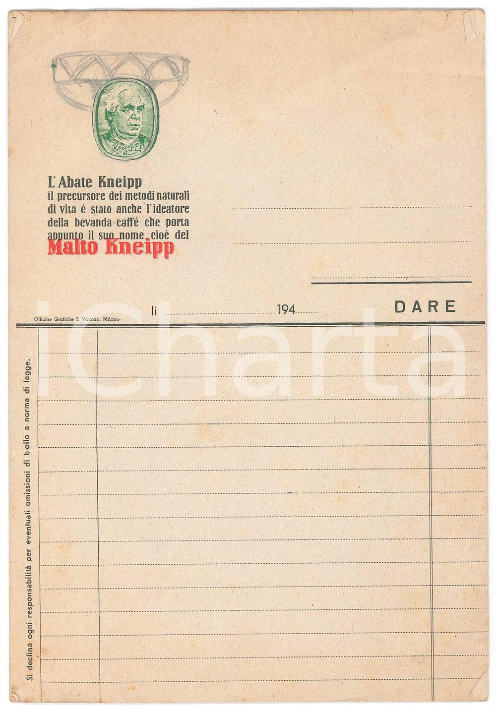 Materiale pubblicitario d’epoca 1940 ca ABATE KNEIPP Malto Kneipp  Blocco di 7 ricevute non compilate 13x20 cm 1
