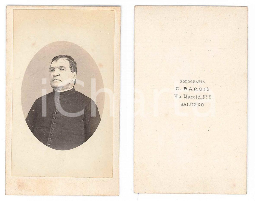 Fotografia d epoca originale 1890 ca SALUZZO Ritratto di un sacerdote  Foto C. BARGIS CDV 1