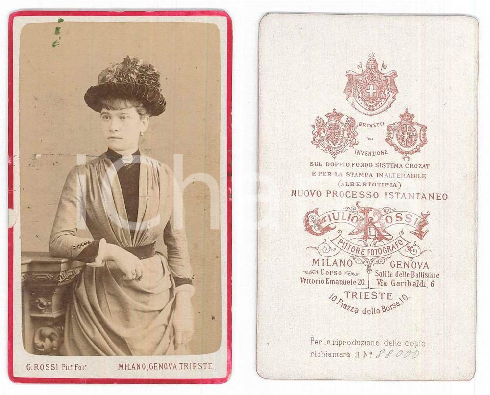 Fotografia d epoca originale 1890 ca MILANO  GENOVA  TRIESTE Donna con cappello  Foto Giulio ROSSI CDV 1
