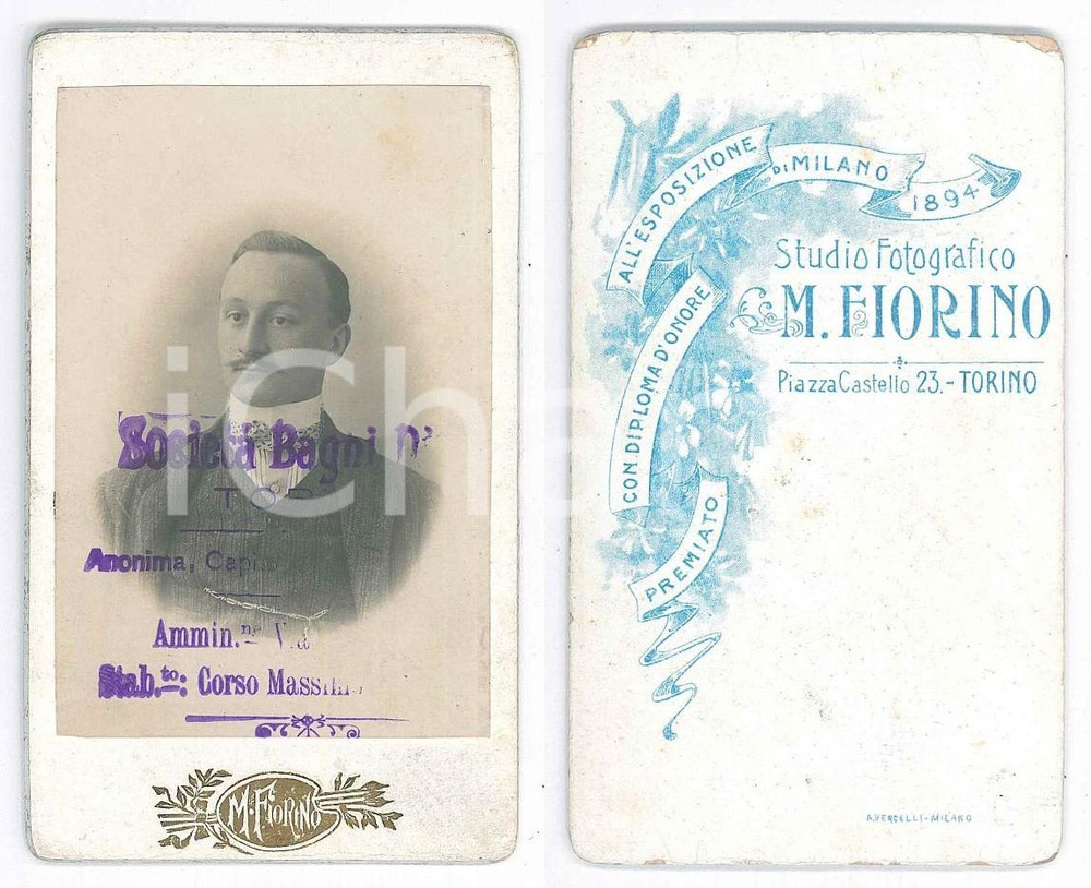 Fotografia d epoca originale 1890 ca TORINO Ritratto maschile  Foto M. FIORINO CDV Timbro SocietÃ  Bagni 1