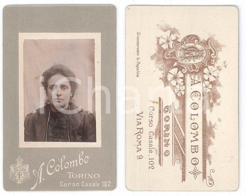 Fotografia d epoca originale 1890 ca TORINO Ritratto femminile  Foto A. COLOMBO CDV 1