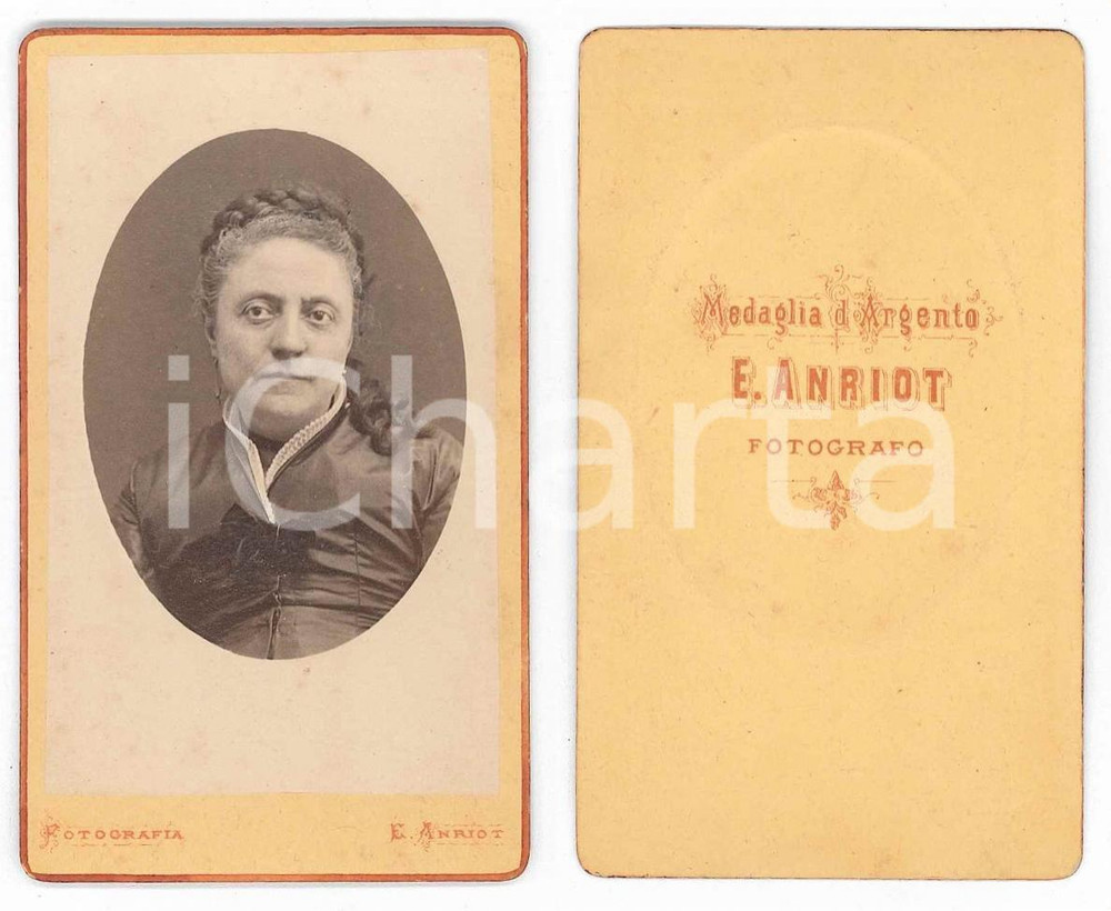 Fotografia d epoca originale 1870 ca BOLOGNA Ritratto di donna  Busto  Foto Emilio ANRIOT  CDV 1