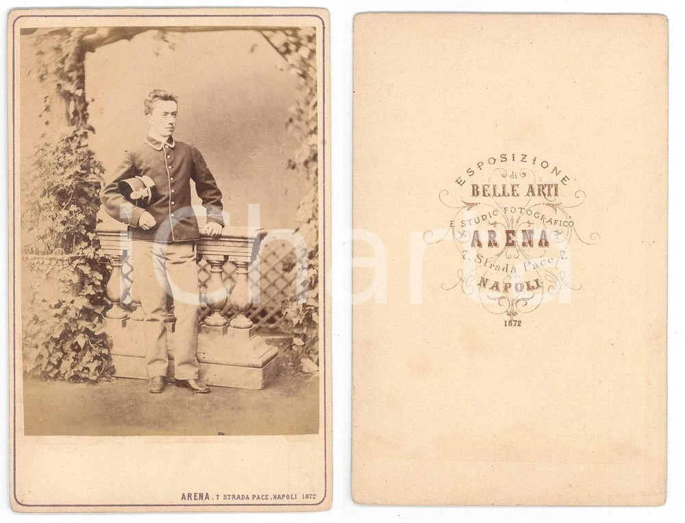 Fotografia d epoca originale 1872 REGIO ESERCITO NAPOLI  Ritratto di allievo ufficiale  Foto ARENA 11x16 cm 1