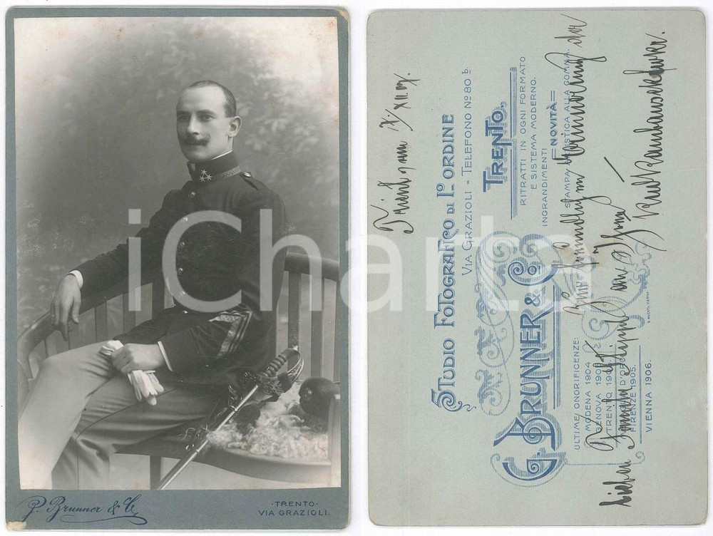 Fotografia d epoca originale 1909 K.U.K. ARMEE TRENTO Rudolf RAMBAUSCH ufficiale  Foto G. BRUNNER 1
