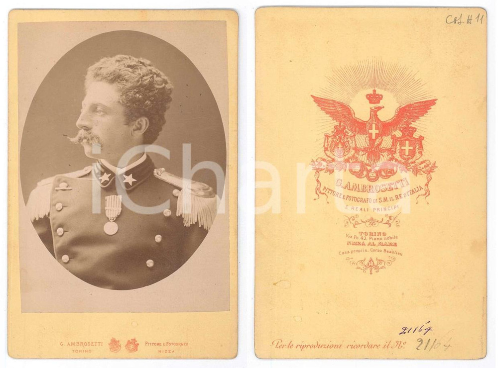 Fotografia d epoca originale 1880 ca REGIO ESERCITO TORINO  Ufficiale con medaglia  Foto G. AMBROSETTI 1