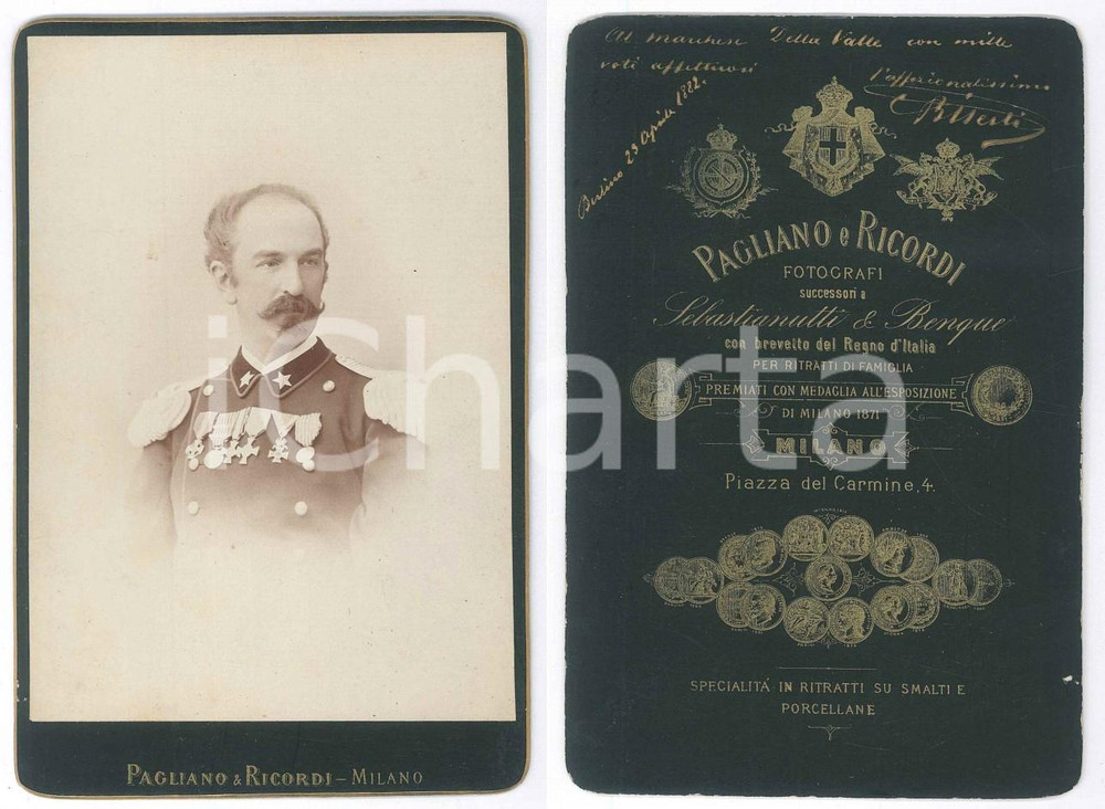 Fotografia d epoca originale 1882 MILANO REGIO ESERCITO Ufficiale C. BISENTI con decorazioni Foto PAGLIANO 1