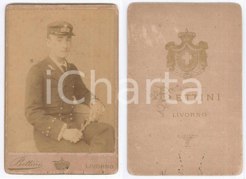 Fotografia d epoca originale 1880 ca LIVORNO Accademia Navale  Ritratto di allievo ufficiale Foto BETTINI 1