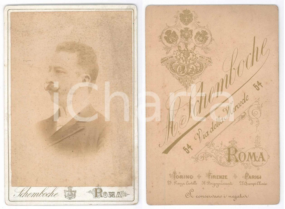 Fotografia d epoca originale 1880 ca TORINO Ritratto maschile di profilo  Foto SCHEMBOCHE 11x16 cm 1