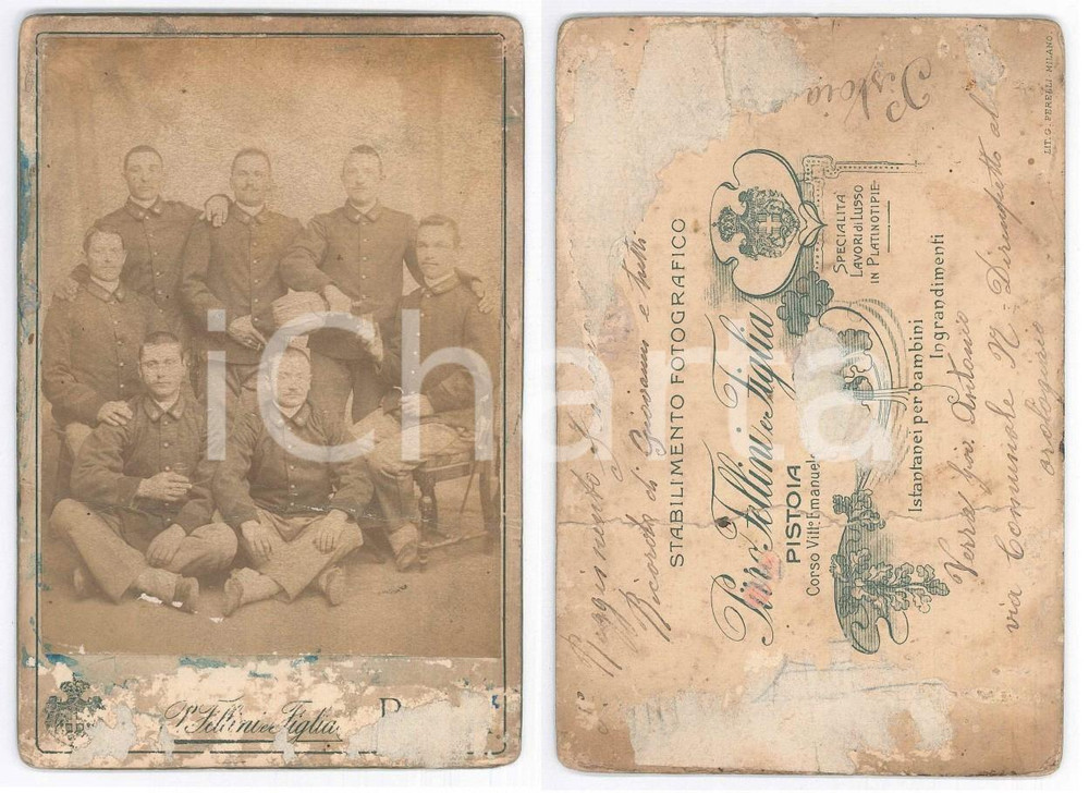 Fotografia d epoca originale 1900 ca PISTOIA Ufficiali di fanteria e fiasco di vino Foto FELLINI DANNEGGIATA 1