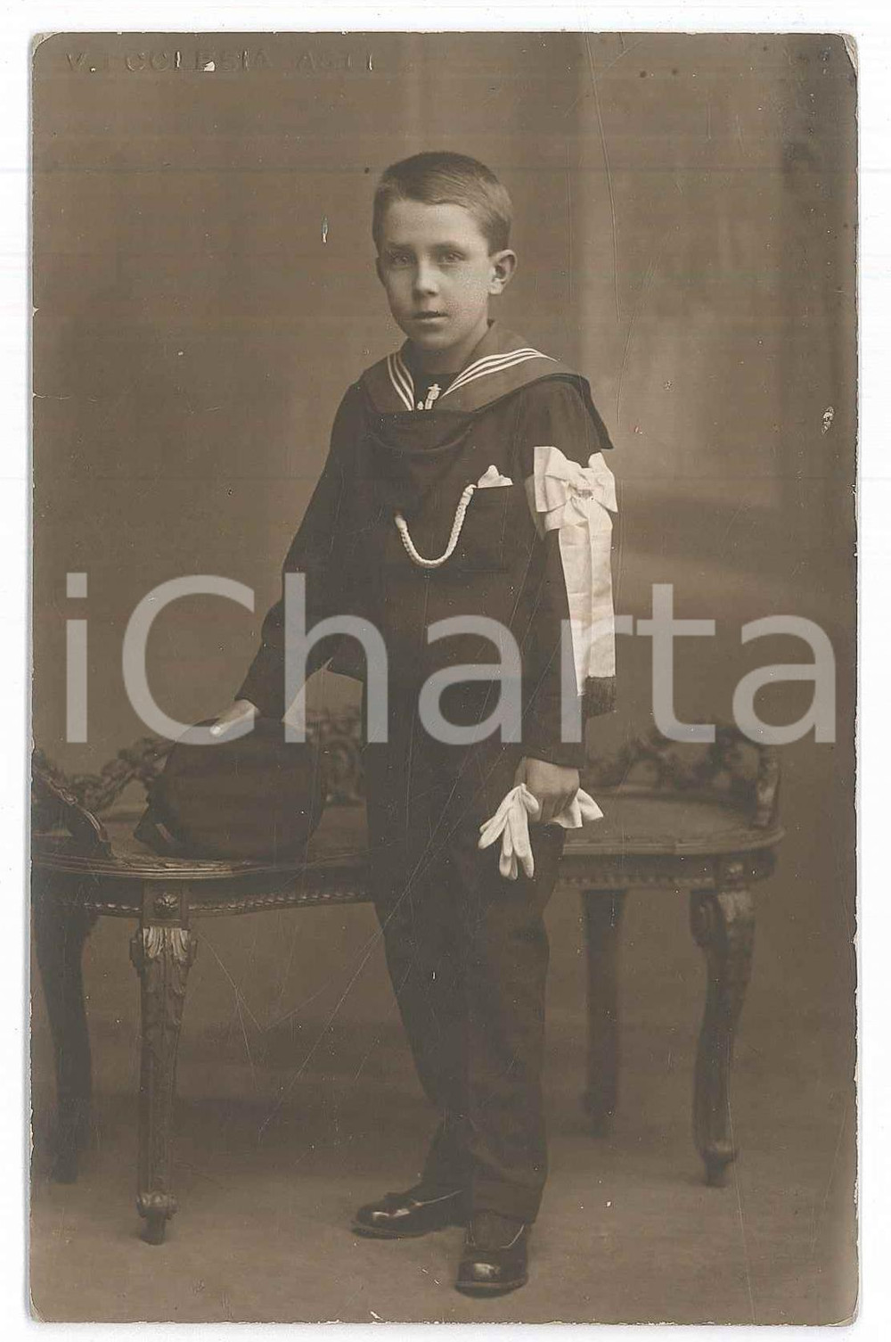 Fotografia d epoca originale 1920 ASTI Bambino alla Prima Comunione  Ritratto  Foto V. ECCLESIA 9x14 cm 1