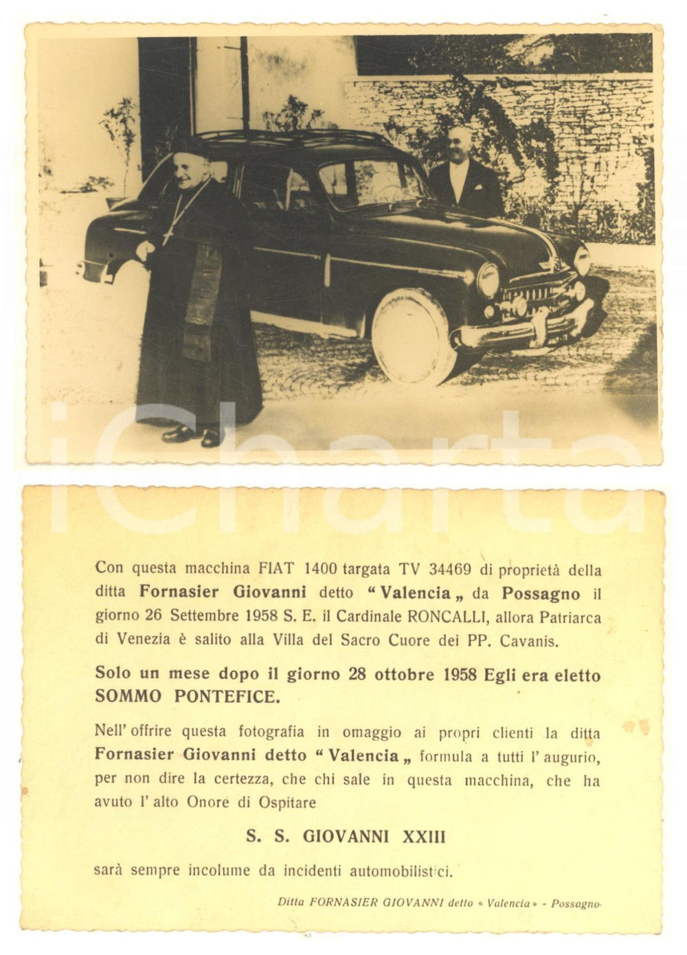 Materiale pubblicitario d’epoca 1960 ca Papa Giovanni XXIII con auto FIAT 1400 ditta FORNASIER Pubblicitaria 1