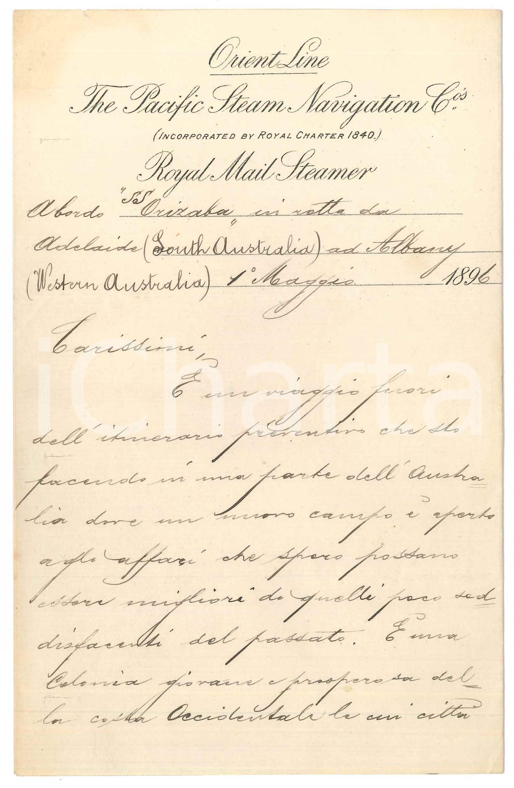 Manoscritto, lettera originale 1896 ORIENT LINE  AUSTRALIA  Lettera imprenditore italiano su R.M.S. ORIZABA 1