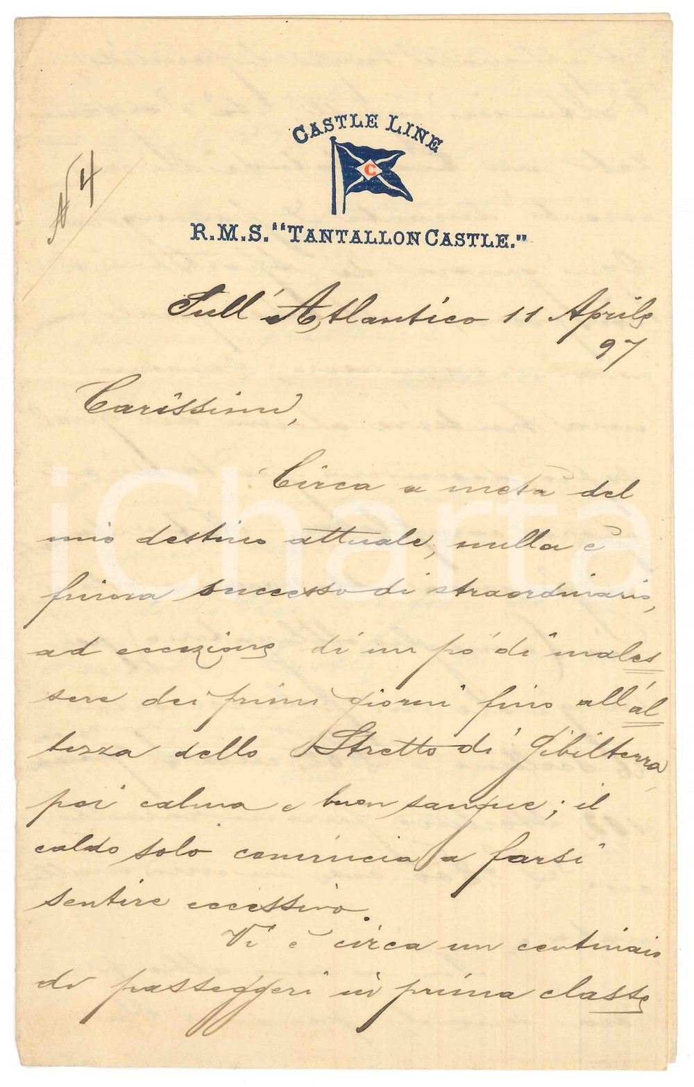 1897 CASTLE LINE - R.M.S. Tantallon Castle - Lettera imprenditore italiano