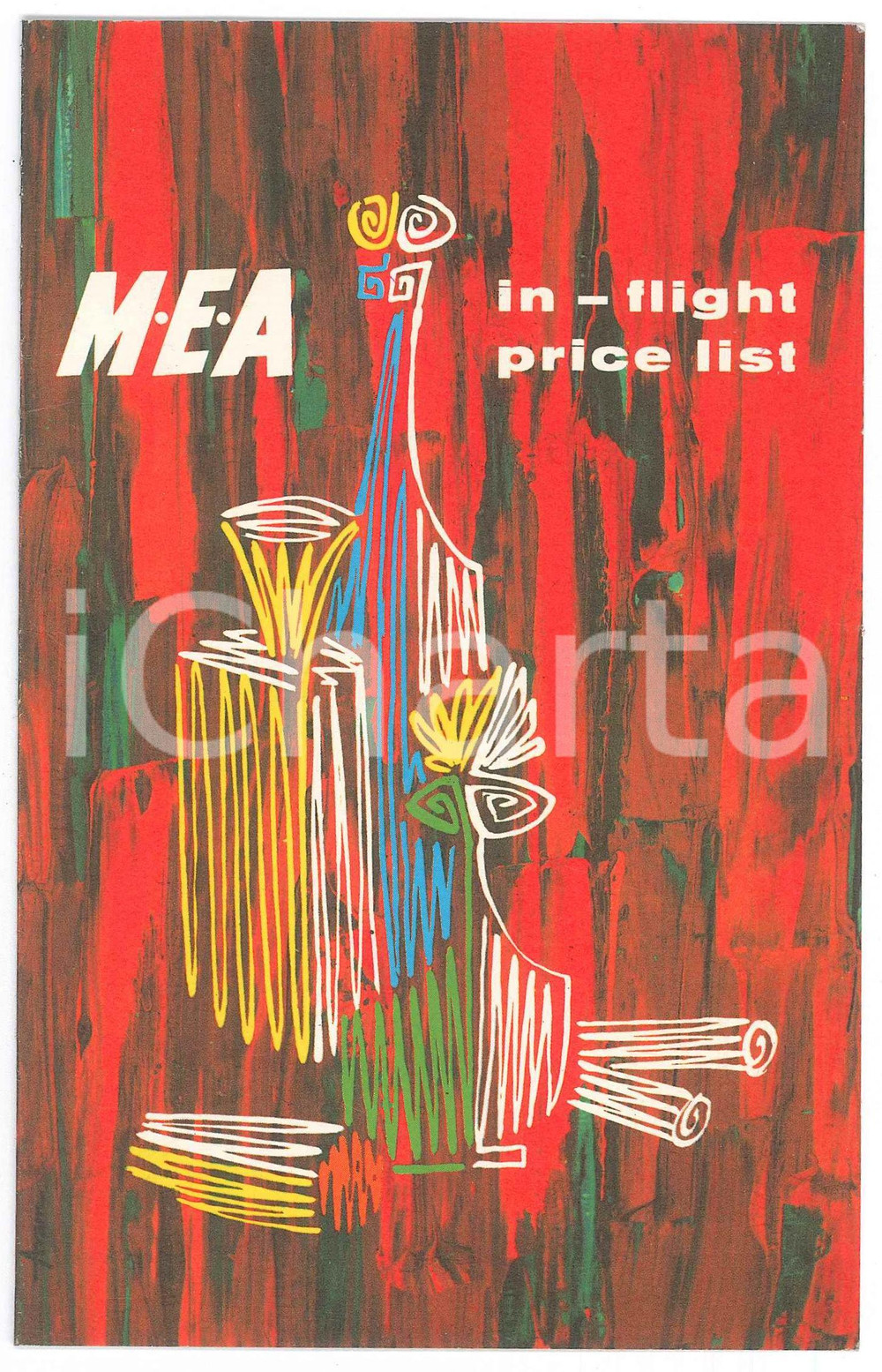 Materiale pubblicitario d’epoca 1955 ca MEA Middle East Airlines  Inflight price list  Brochure ILLUSTRATA 1